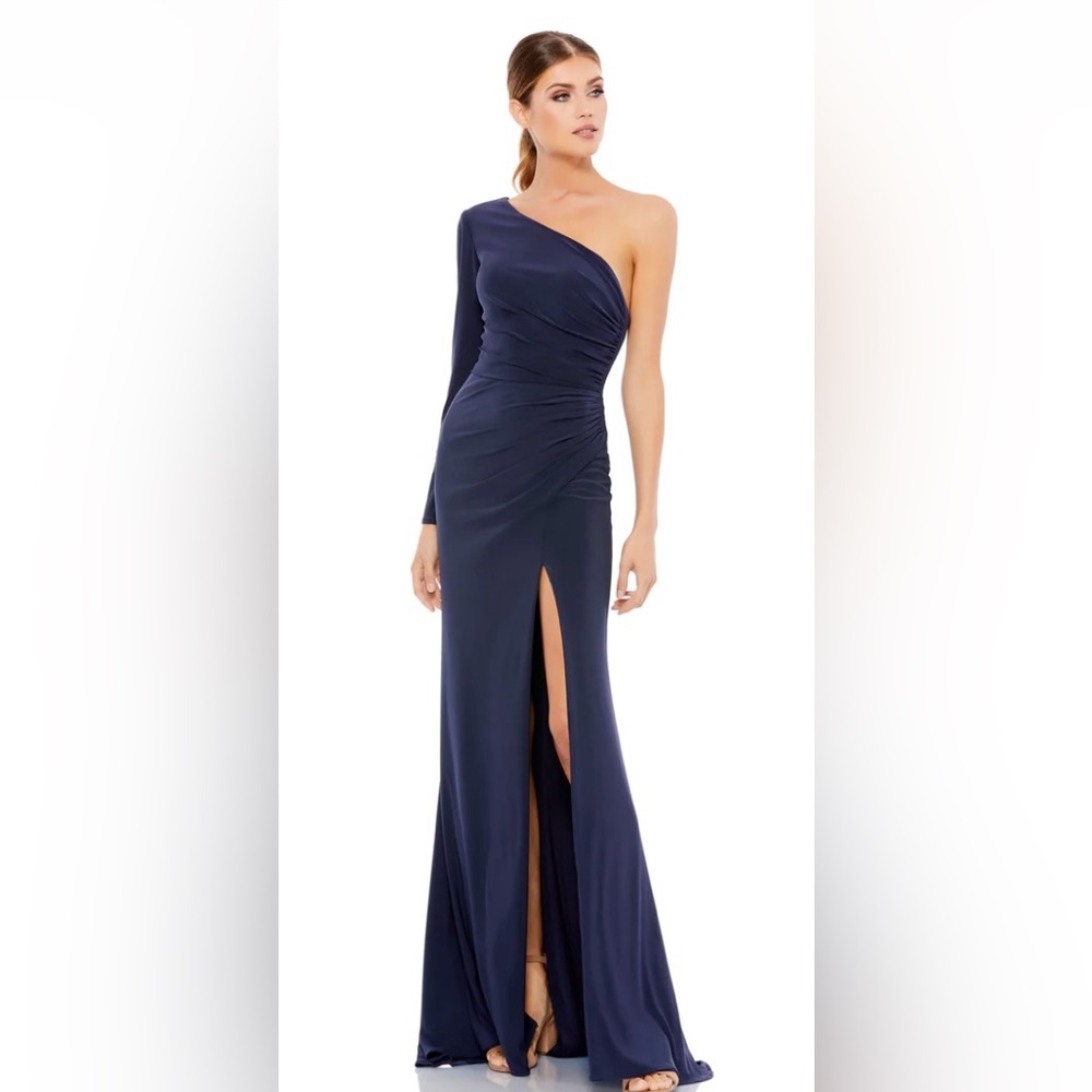 NWT Mac Duggal Stretch Jersey One Sleeve Gathered Waist Gown Dress Navy Size 10